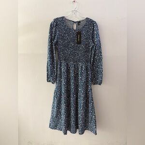 Ellakoko Blue Floral Smocked Midi Dress | Long Sleeve | NWT